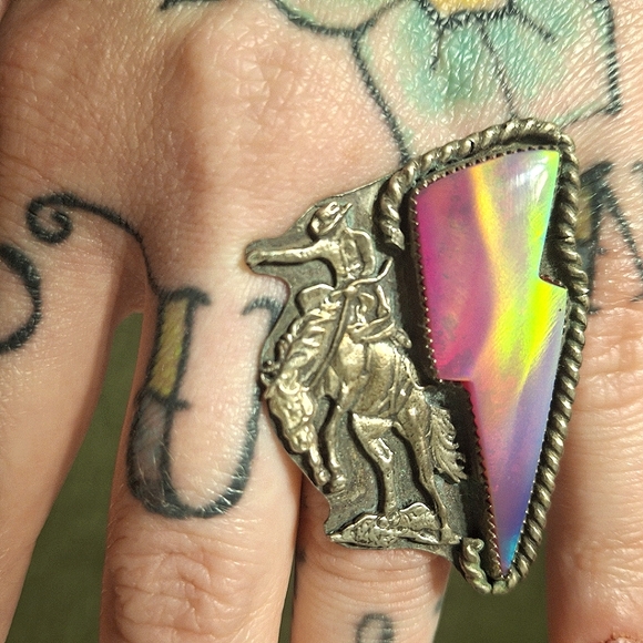 Diamond H Silver Jewelry - Lightning Bolt Bronco Unicoron Opal Ring NFR Cowgirl Rodeo 6.5-7 Western